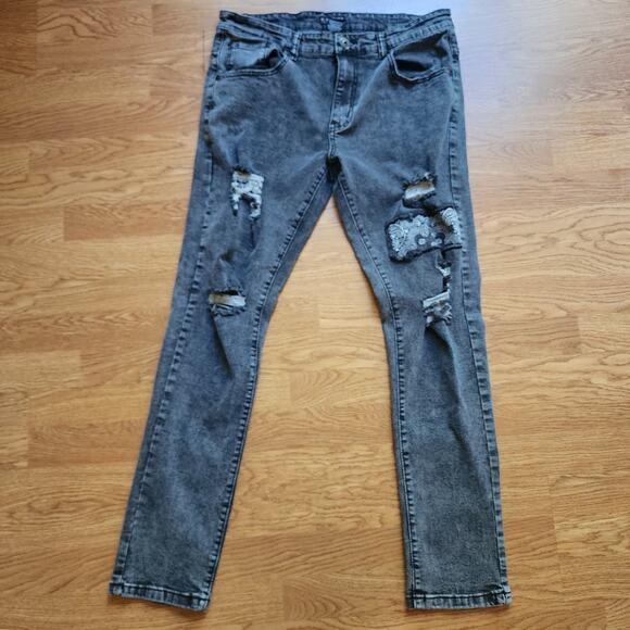 M Society Politically Incorrect Jeans Mens Size 34x32 Black Distressed Patched - Picture 9 of 12